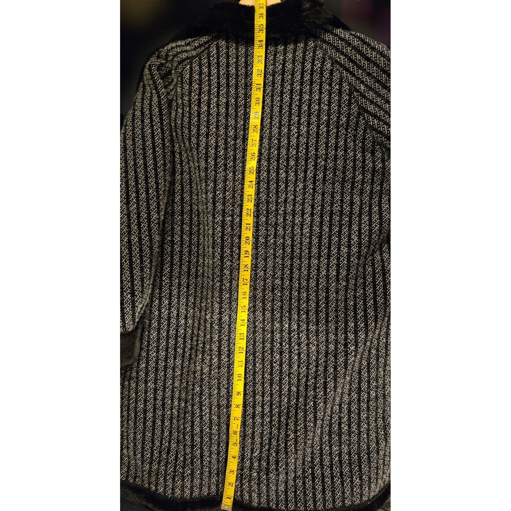 Vintage Style Striped Faux Fur Trim Coat Black White Mid Length Heavyweight L - Picture 9 of 14